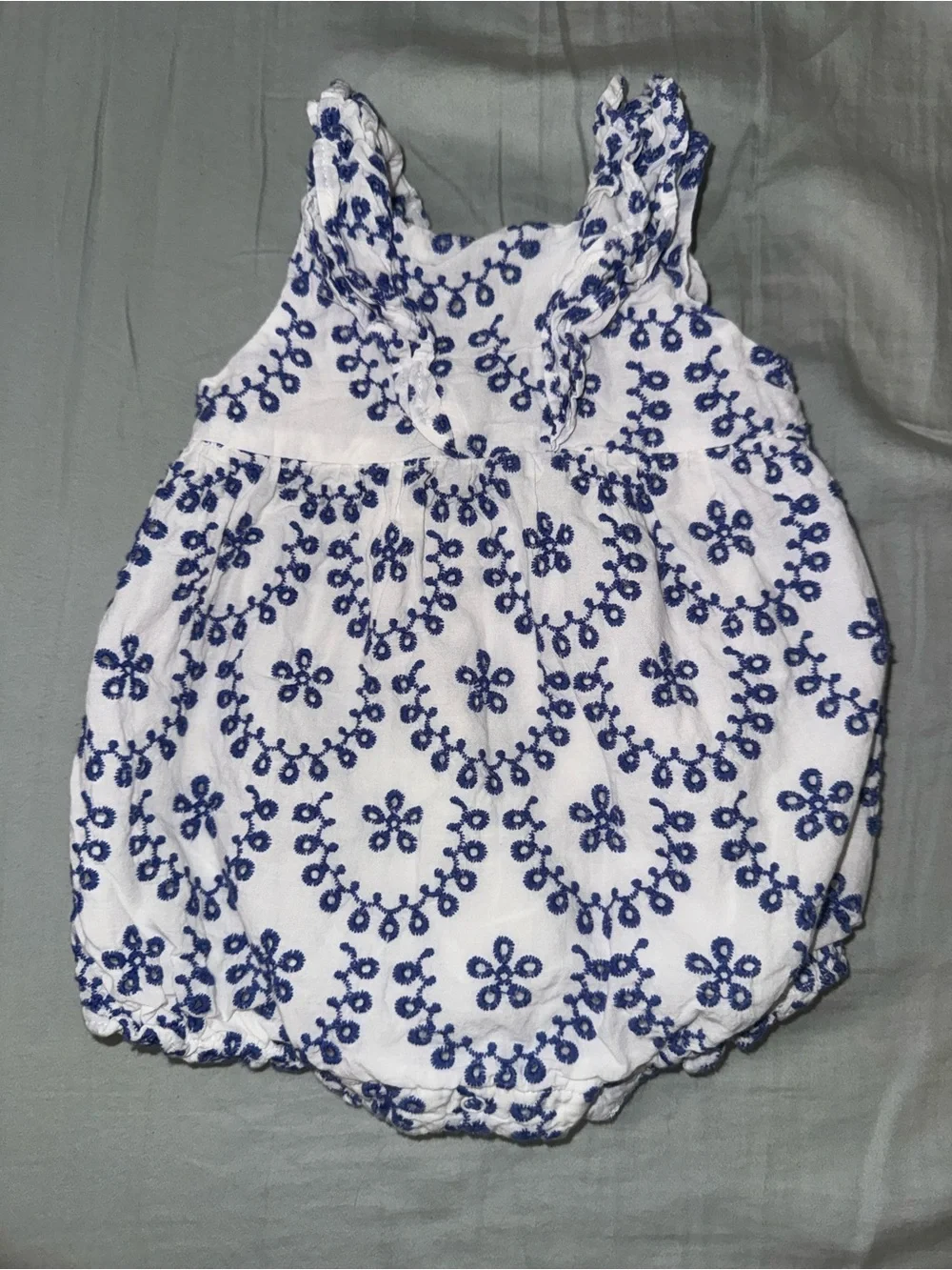 Janie and Jack Baby Girl Blue & White Embroidered Eyelet Bubble Romper 3-6 Month